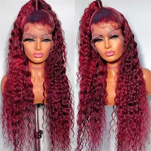 Curly Human Hair Wigs Wine Red Brazilian Remy Deep Wave Full Lace Front Synthetic Wig 180% Pre Plucked For Women Girls