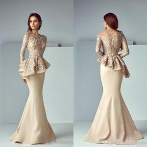 Champagne 2018 Mermaid Mother of Bride Dresses Lace Applique Ruffles Mother Of the Bride Dresses Long Sleeves Formal Evening Gowns 253m