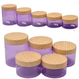 収納ボトル工場販売紫色のセミ透明模倣ウッドカバークリームボトルアイクッキートラベルルースパウダーコンテナ化粧品