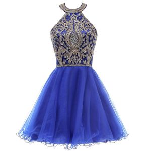 Halter Juniors 칵테일 파티 드레스 Royal Blue Gold Lace Appiques Homecoming Dresses Short Sweet 15 무도회 드레스 216I