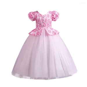 Girl Dresses Pink Printed Bubble Sleeve Mesh Puffy Dress For Girls Aged 4 To 14 Suitable Birthday Parties Wear Princess Ball