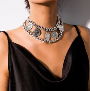 Punk Chunky Pendant Necklace Coin Tassel Layered Statement Cuban Link Chain Choker Halsband för kvinnor Fashion Jewelry8846158