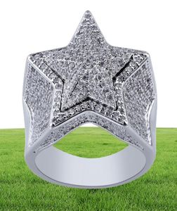Bling Bling Men039s Zircon Star Ring Gold Silver Copper Material Iced Full CZ Fivepointed Star Rings Fashion Hip Hop Jewelry S9186218