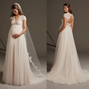 Appliques Pregant Dresses Lace For Bride High Waist Wedding Dress Illusion Backless Robe De Mariee Bridal Gowns