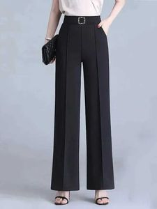 Calça feminina capris clássico chiffon chiffon cintura larga perna de perna womens feminina solta calça preta nova moda formal pantalones de mujer cintura altl