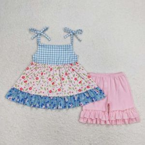 Kleidungsstücke Großhandel Kinder Kurzarm Vintage Design Blumenrosa Mädchen Anzug Summer Custom Kid Clothes