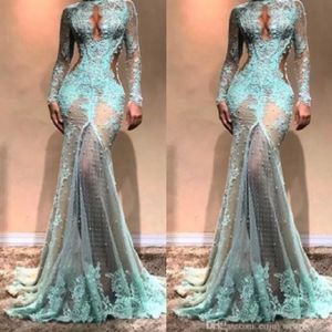 Hohe Nacken Luxus Voller Spitzenperlen Meerjungfrau Abendkleider Dubai durch Illusion High Split Formal Prom Cutaway Side Celebrity Gown 263g