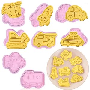 Baking Moulds 8Pcs Plastic Transportation Car Shape Cookie Cutters Biscuit Mold Pastry Pressing Stamp Tools