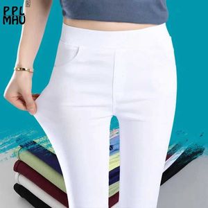 Calças femininas Capris Leisure cintura elástica calça apertada para feminino 2023 Summer White lápis Ponta de cor sólida cor redonda básica no tornozelo longa pernas longas2405