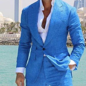 Mäns kostymer Summer Linen Blue Beach Wedding Tuxedos Peaked Lapel One Button Costume Groom Wear Formal Man Blazer (Jacket Pants)