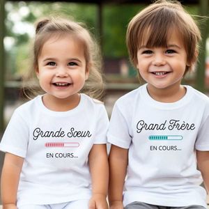 T-shirts Big Sister Big Brother in Progress French Printed T-shirt Pregnancy Announcement Shirt Childrens T-shirt Top Boys and Girls Summer T-shirtL2405