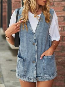 Kvinnors västar vintage Big V Neck denim Vest Women Spring Summer Washed Casual Tickets ärmlösa jeansjackor Kvinnliga Outwear