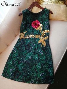 Casual Dresses 2024 Summer Heavy Sequins Beaded Drill Buckle Sleeveless Vest Dress Fashion Green Rose Slim Temperament Ladies Party