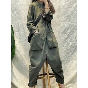 Tute da donna Romper per tute solide per donne a lungo rotonda al collo rotondo sciolto harajuku pantaloni dritti di lavoro casual da lavoro in stile coreano da gioco vintage y240510