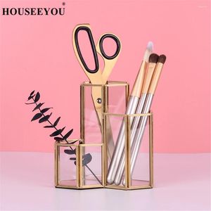 Storage Bottles Nordic Brass Transparent Glass Makeup Holder Brushes Pencil Bucket Cosmetic Organizer Multi Function Home Decorations