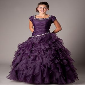 Grape Purple Ball Gown Long Modest Prom Dresses With Cap Sleeves Beaded Ruffles High School Girls Formal Prom Party Dresses New 255D
