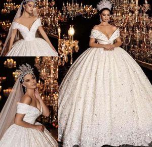 Princess vestidos de novias koronki z ramion sukienki ślubne suknie balowe cekiny z koralikami suknie ślubne