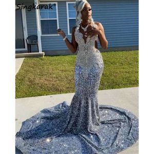 Shiny Sier Diamonds Balo Elbise Glitter Crystal Rhinestones Boncuk Sequins Doğum Günü Özel Partisi Akşam Elbise Mahkemesi Tren