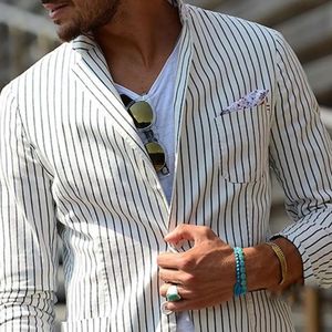 Slim Fit Suit Coat Elegant Mens Striped Print Business with Lapel Collar Button Packet Formell Suit Coat med fickor för arbete 240426