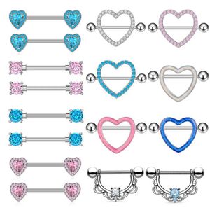 Anelli di capezzolo 2pcs Titanio Steel Heart Nipple Piercing Blu Rosa cristallo rosa zircone anelli di capezzolo sexy per donne ragazze 14 g di gioielli con bilanciere di scudo y240510