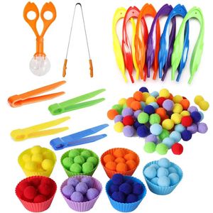 Kinder Feinmotorik Fähigkeiten Lernen Zählen Regenbogen Pompoms Sortieren Spiele Montessori Early Education Toy mit Pinzetten für Kinder 240509