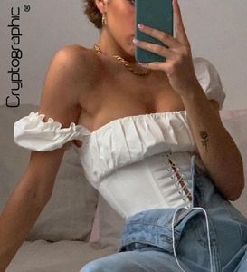 Off Shoulder Fashion Lace Up Shirts Blouse Blouse Women White Crop Tops Blouses Clothes Vintage Tie Front Tops ladies Clothing SL7946256