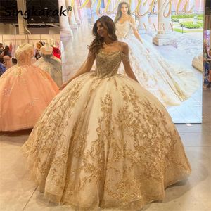 Champagne Quinceanera Dress Straps Off Shoulder Sweet 16 Years Gowns Birthday Party Princess Puffy Ball Gown Formal Vestidos