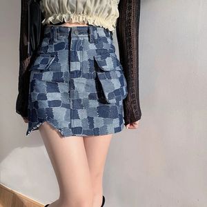 Korean Fashion Autumn Clothing Plaid Denim Skirt Female A-line High-waist Denim Short Skirt Anti-empty Sexy Tight Skirt 240510