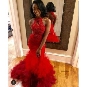 Glamorous Red Mermaid Dress African Black Girl Sexy Backless Prom Formal Party Evening Gowns Straps Beaded Top Halter Neck 0510