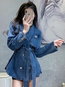 Kvinnorjackor Fashion Blue Denim Coat Spring Autumn Women With Belt Casual Jeans Jacket Mid-Length Clothide Tide Korean Ytterkläder