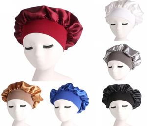 2018 Fashion Wide Band Satin Fabric Bonnet Frauen weiche Stretchnacht Schlaf Hat Haarausfall Cap Head Wraps16534363692