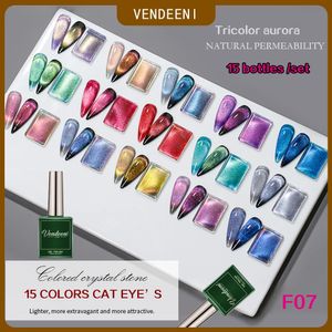 Vendeeni 15 cores/conjunto de cristal colorido aurora gato olho de gato esmalte esmalte magnetic em gel magnetic uv LED Mergulhe em gel de laca 240426