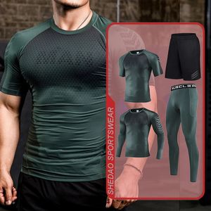 Mens som kör tätt Lycra Sportswear Set Fitness Jogging Compression Tracksuit Suit Training Sports Wear Cloth Fit Leggings 240426