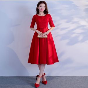 Czerwona krótkie skromne sukienki druhny z pół rękawów Nowa zabytkowa herbata długość herbaty A-line Kobiety Skromne sukienka na przyjęcie weselne