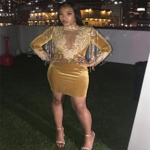 Sexy Gold Prom Dresses For Black Women Elegant Aso Ebi Mini Short Velvet Evening Dress Long Sleeve Beaded Applique Lace Cocktail Dress With Tassel Vestios De Gala 2024