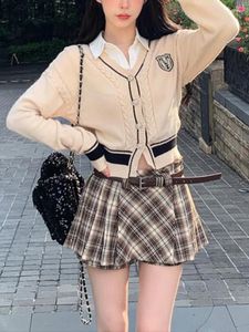 Work Dresses Autumn Korean Fashion 2 Piece Set Skirt Woman Slim Knitted Sweater Tops Casual Plaid Y2k Mini Vintage Suit Chic 2024