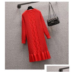 Grundläggande casual klänningar 2021 en linje Autumn Winter Elegant Red Sticke tröja klänning vintage kvinnor långärmad o-hals söta ruffles mermai dhi3d