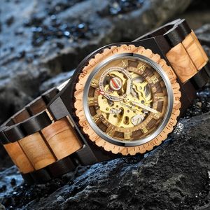 Creative Mechanical Wood Watch Steampunk Skeleton Automatic Men Natural Wooden Clock Hollow Movement Fashion Bracelets B1205 1834