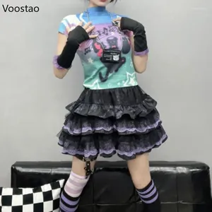 Kjolar harajuku flickor y2k lolita gotiska spetsar rufsar hög midje kaka mini streetwear kvinnor avslappnad alla matchar nivå