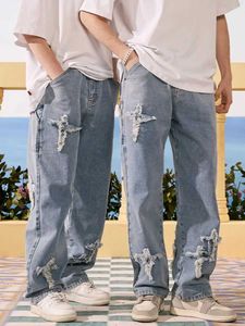 Dżinsy męskie American High Strt dla mężczyzn Y2K Retro Retro Red Cross Talle Denim Pants Summer Mash