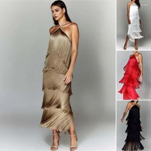 Casual Dresses Women Dress Halter Neck Off Shoulder Backless Slits Fringe Multi-Layered Cake Hem Prom Ball Maxi For Evening Party