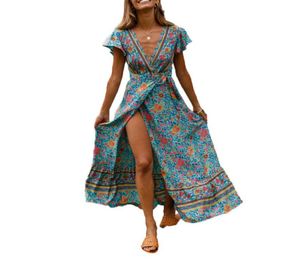 Boho blommor tryck långa maxi kvinnor chiffong jumpsuit delad sommar strand v hals kort ärm damer wrap playsuits robe femme 2019 y15784186