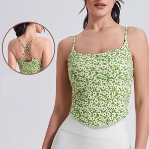 2024 Summer Women Sexy Crop Tops от плеча без рукавов Camisole Sports Fitness Yoga Vest Slim Ladies Floral Printing Top 240506