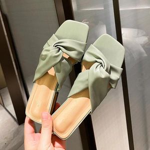 Terlik Çapraz Band Solid Pu Kadın Flipflops Gladyatör Yaz Ayakkabıları Kadın Kısa Mood Chunky Med Heels Slaytlar Femme2024