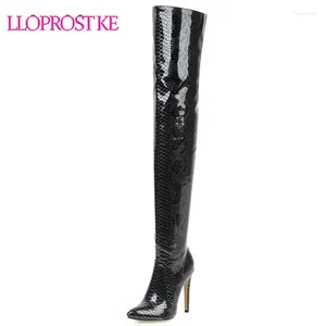 Boots Lloprost PU Leather Python Over-the-Knee Women Snakeskin Thigh High Woman Winter Shiny Party Shoes Ladies Boot