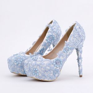 Niebieskie koronkowe buty balowe ręcznie robione dysze butów norkowatkowych platforma formalne buty 5 5 cali wygodne pompki na przyjęcie weselne 224m