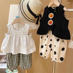 Clothing Sets 2024 Summer Girls Korean Fashion Sleeveless Irregular Tank Top Plus Wave Dot Mosquito Proof Pants Set