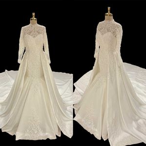 우아한 인어 웨딩 드레스 높은 칼라 긴 소매 신부 가운 레이스 분리 가능한 기차 드레스 맞춤 제작