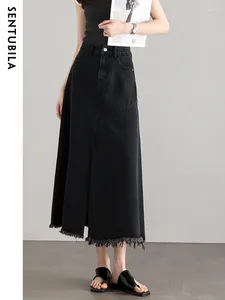 Signe Singubila Black Black Split A-Line Skirt Denim for Woman 2024 Spring Casual Sfio