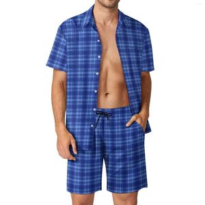 Men's Tracksuits Blue Plaid Print Men Sets Vintage Check Casual Shirt Set Short Sleeve Design Shorts Summer Beach Suit Plus Size